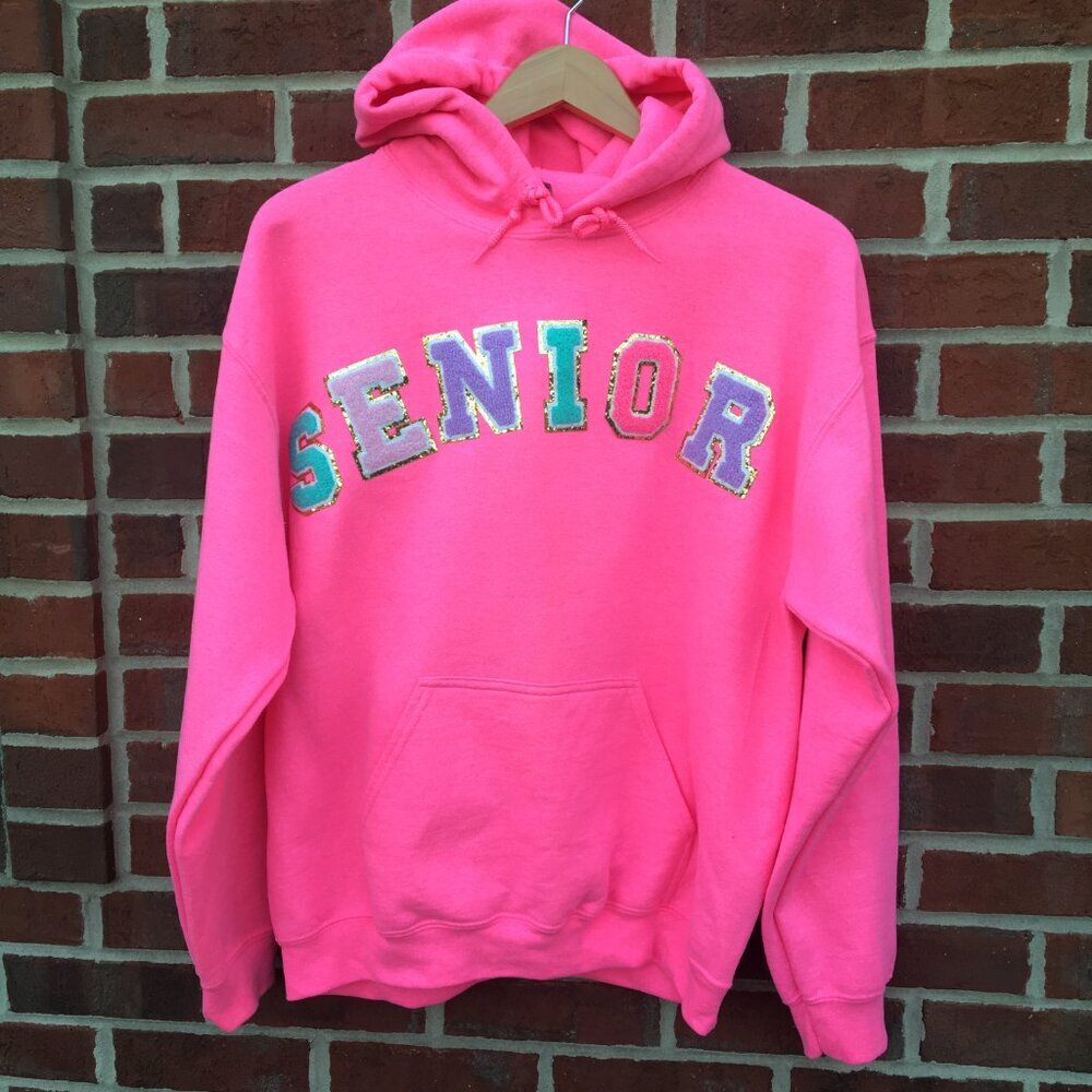 Senior Graduate Spellout Chenille Letter Hoodie Sweatshirt Pink Medium